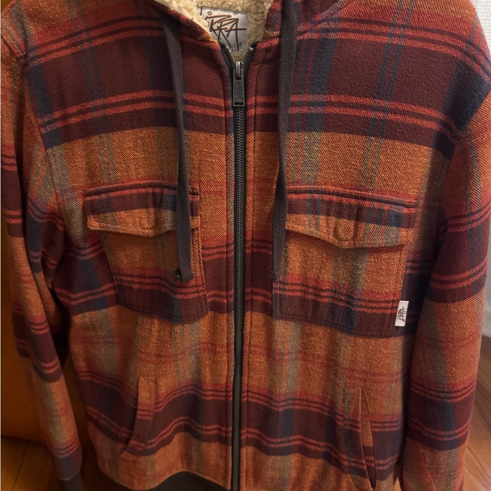 Kirra Men's Zip Up Plaid Sweater - Red and Brown
